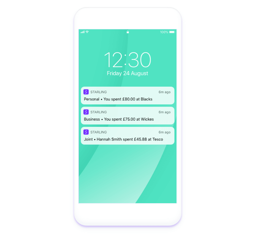 Starling Bank screenshots of instant alerts