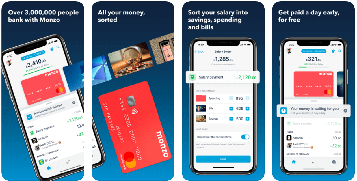 Screenshots of the Monzo app