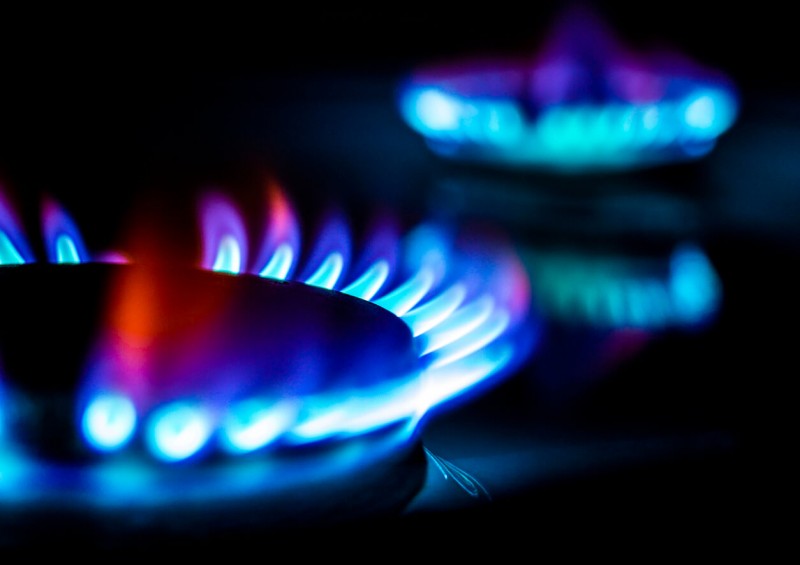 Close up of bright flames from gas cooker