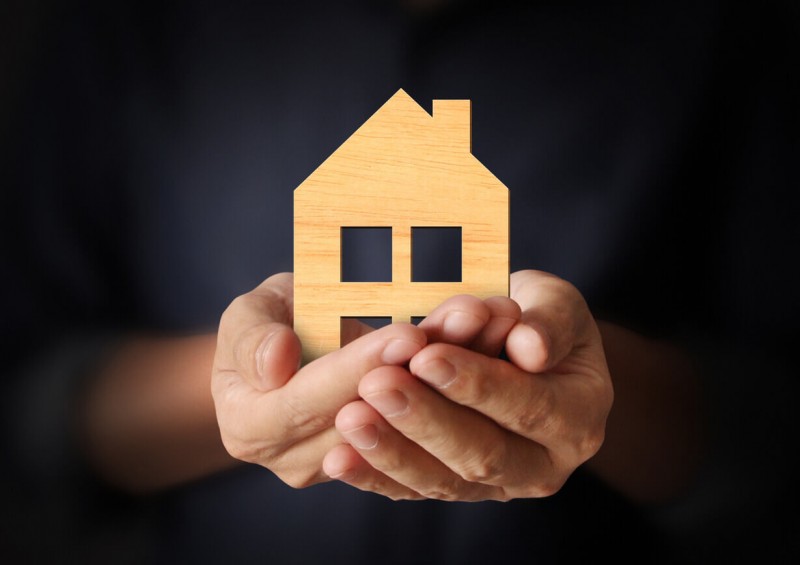 Close up of someone holding a small wooden house