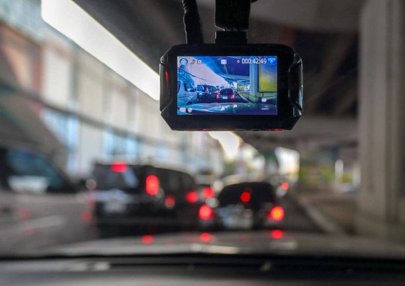 Dash cam on the windscreen of a car