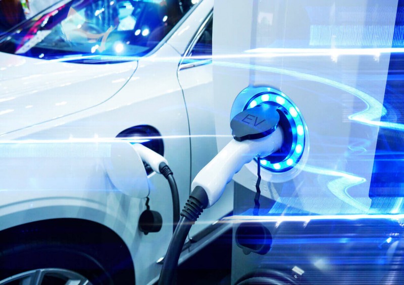 Electric car charging with blue modern effect