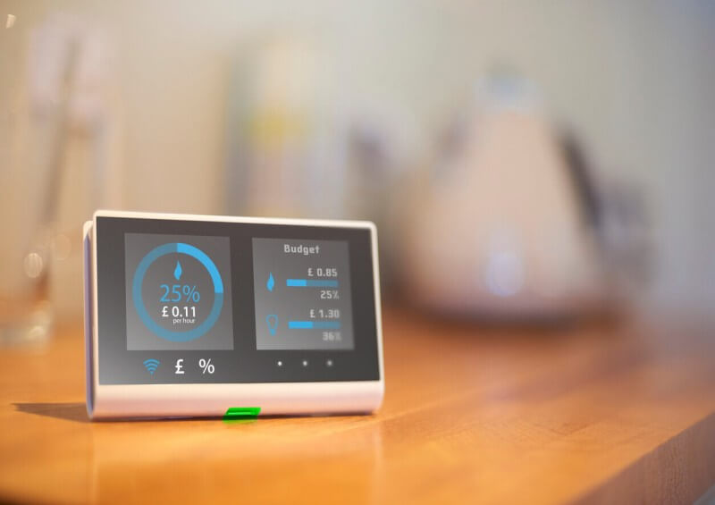 Energy bills smart meter on kitchen worktop