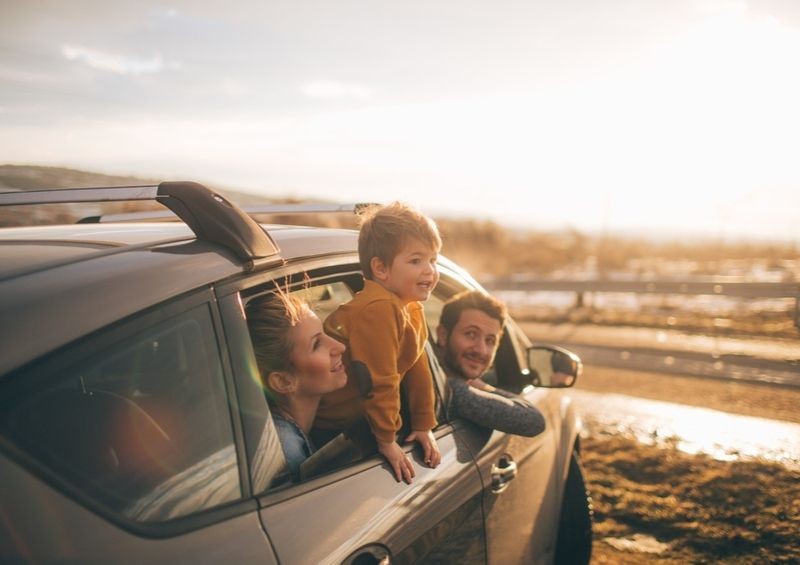 Family looking out of their car at the countryside