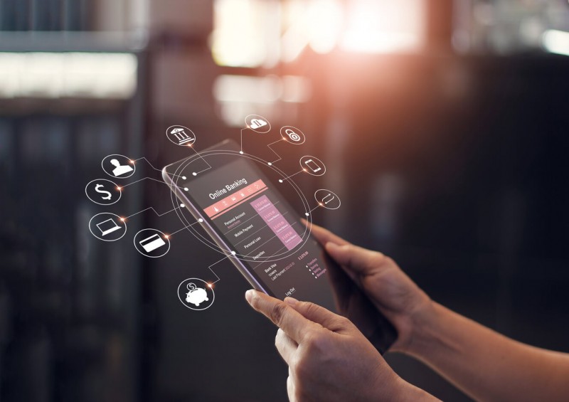 Online banking information on mobile phone screen